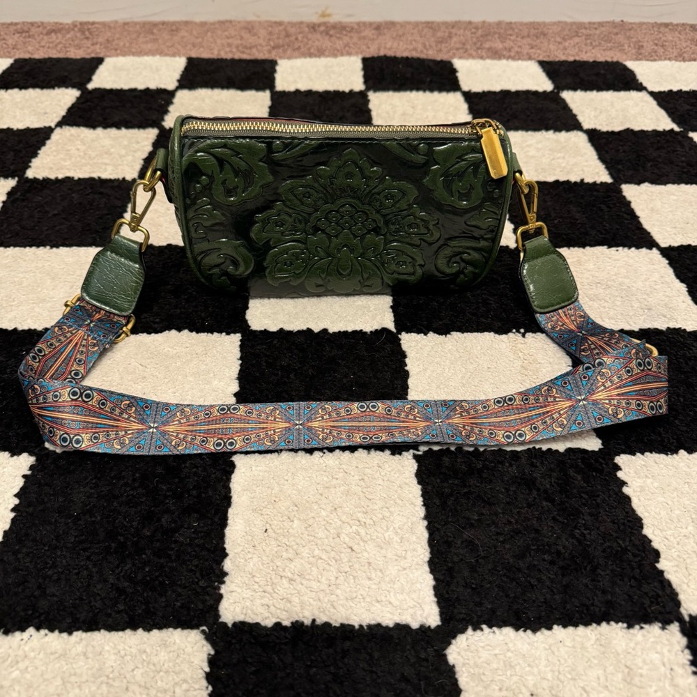 Green Faux Leather Tooled Floral Crossbody Purse